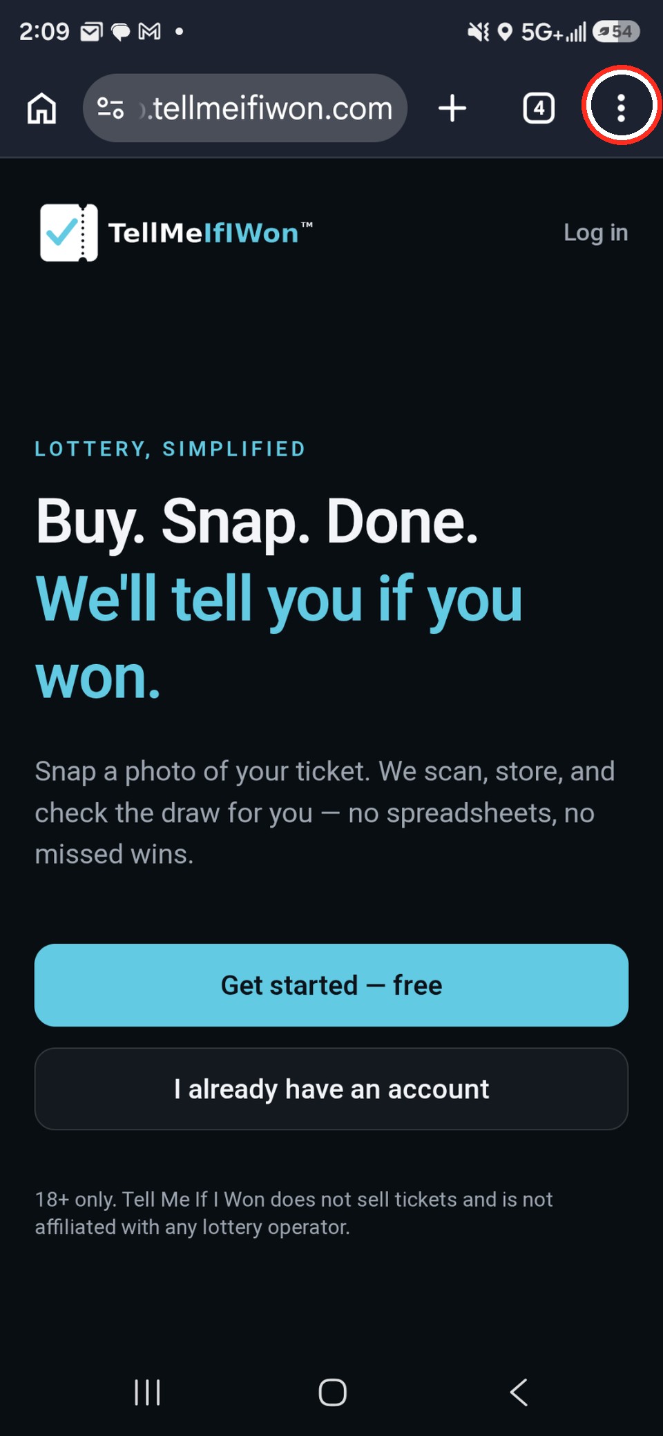Chrome on Android showing app.tellmeifiwon.com with the ⋮ menu highlighted in the top-right corner