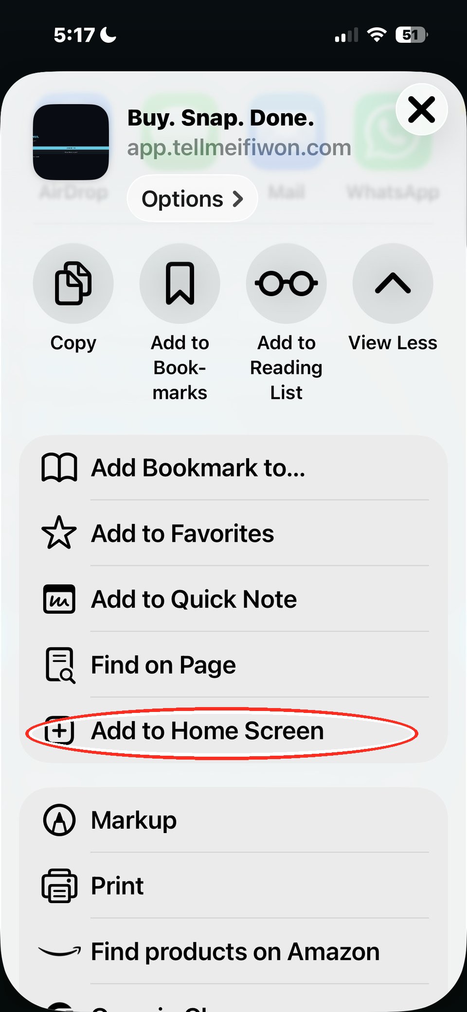 iPhone Share sheet with Add to Home Screen highlighted