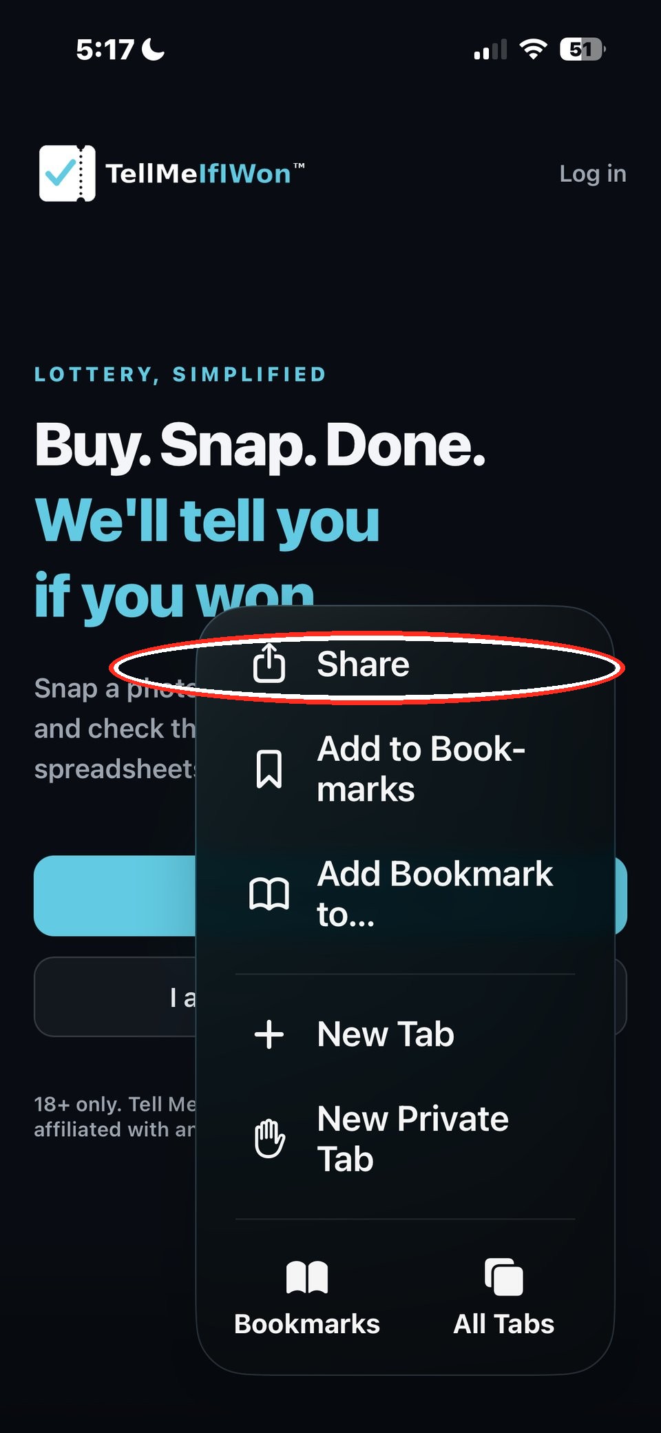 Safari menu open with the Share option highlighted at the top
