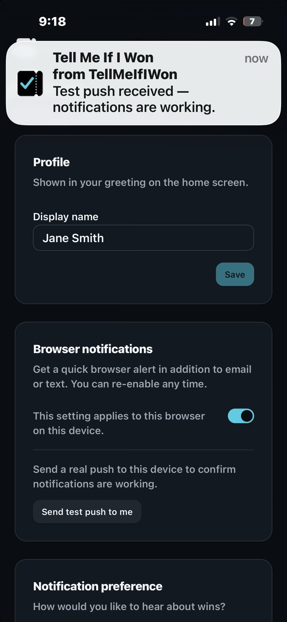 iPhone lock screen showing an example TellMeIfIWon notification