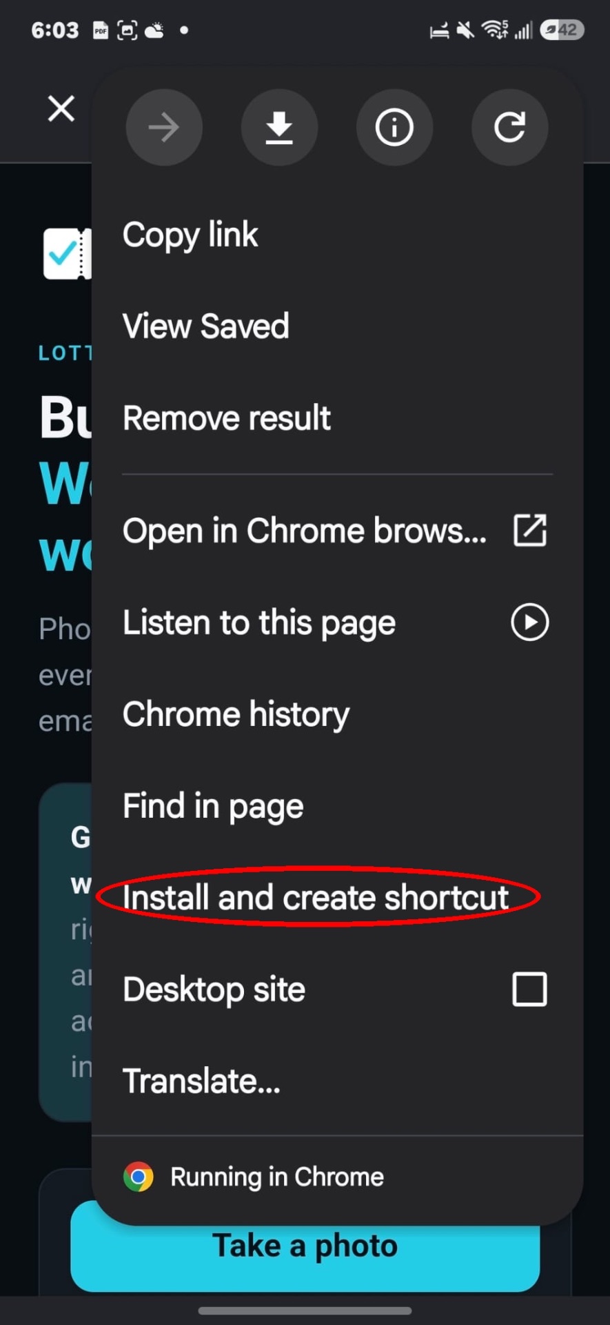 Chrome menu open on Android showing the top of the menu list, which scrolls down to Install and create shortcut