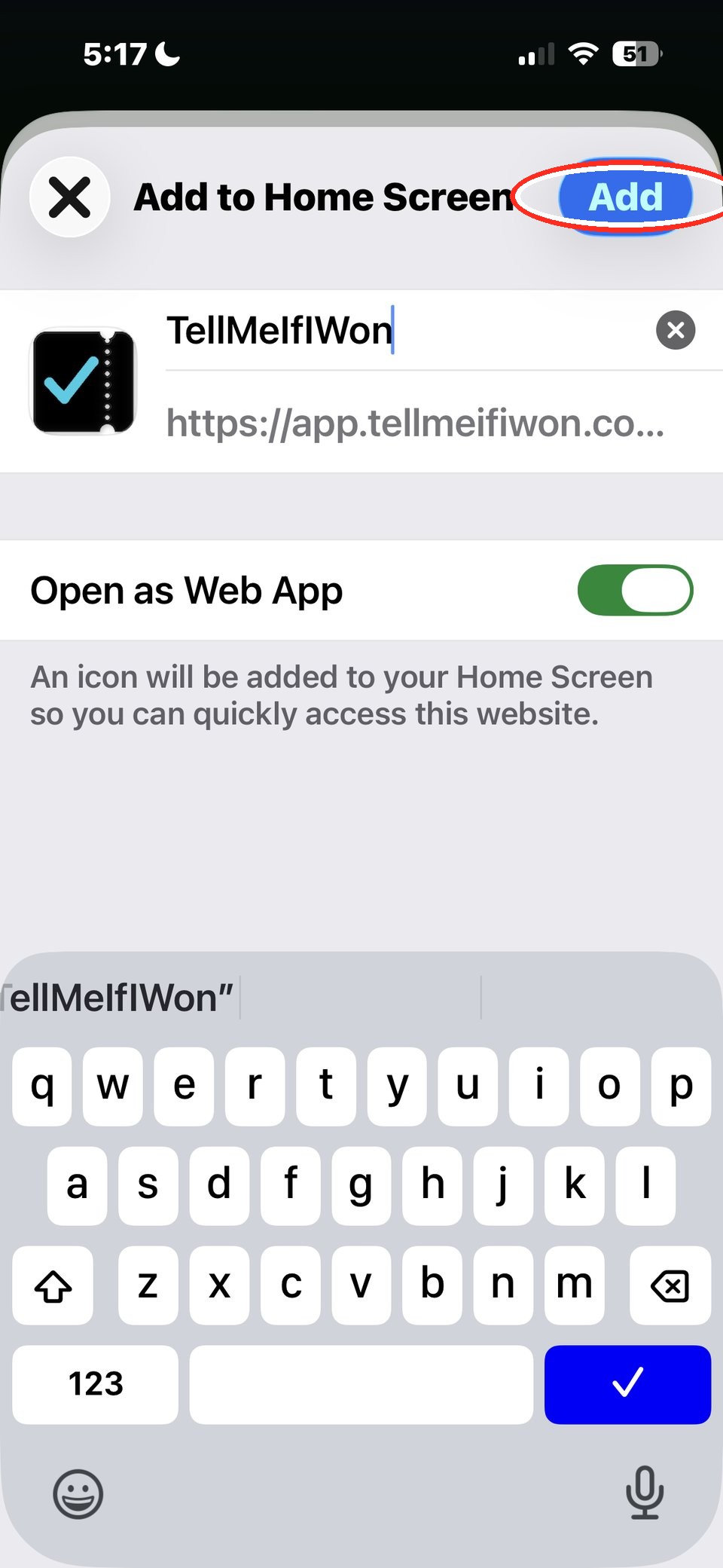 Add to Home Screen confirmation screen with the Add button highlighted