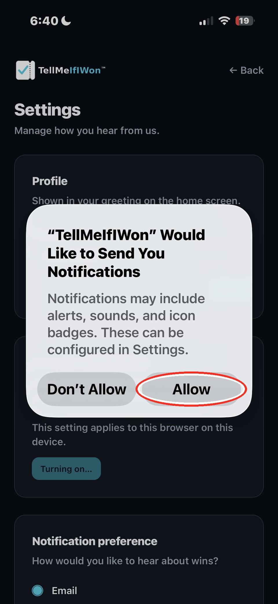 iPhone notification permission prompt with the Allow button highlighted