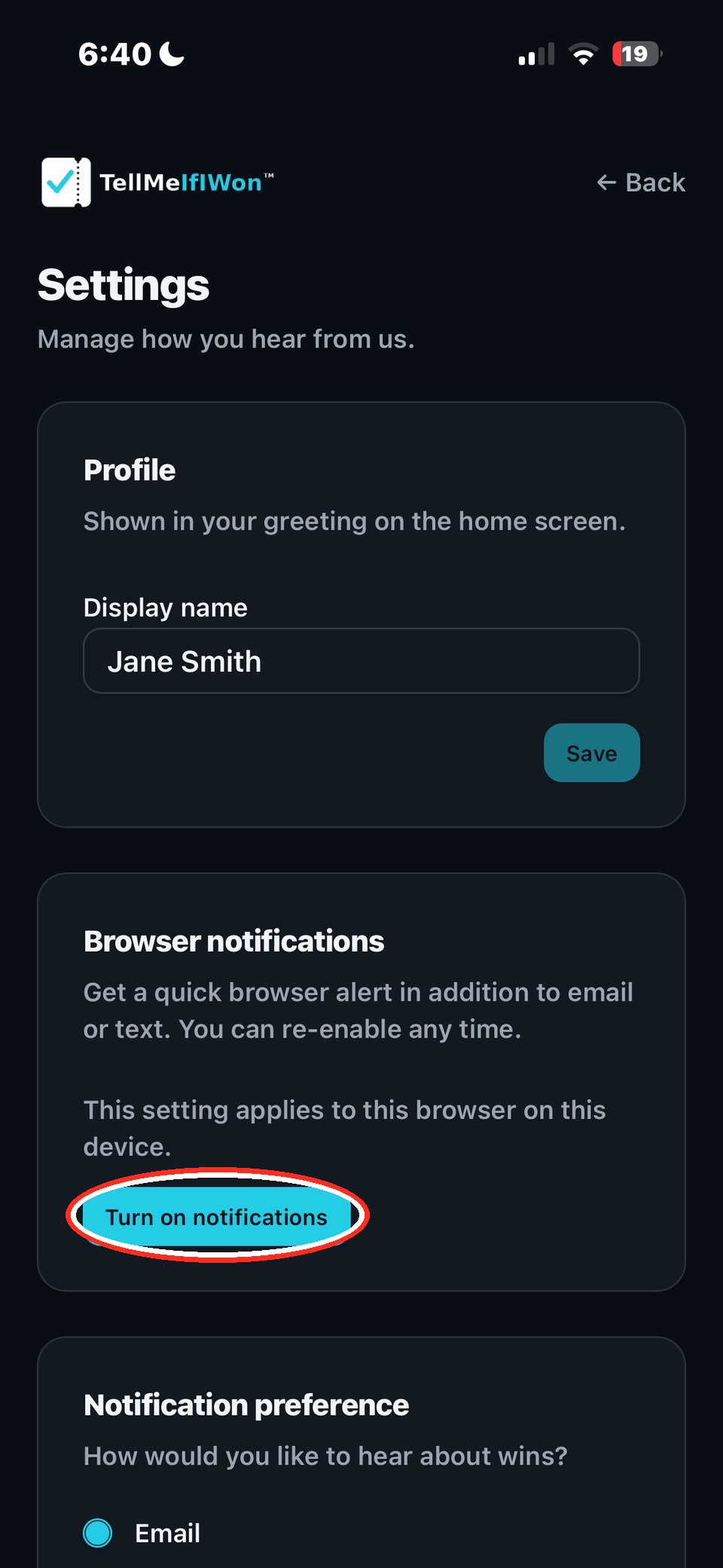 App settings screen with the Turn on notifications button highlighted under Browser notifications
