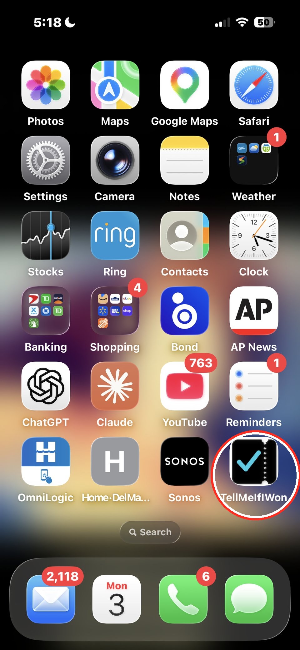 iPhone Home Screen with the TellMeIfIWon app icon highlighted