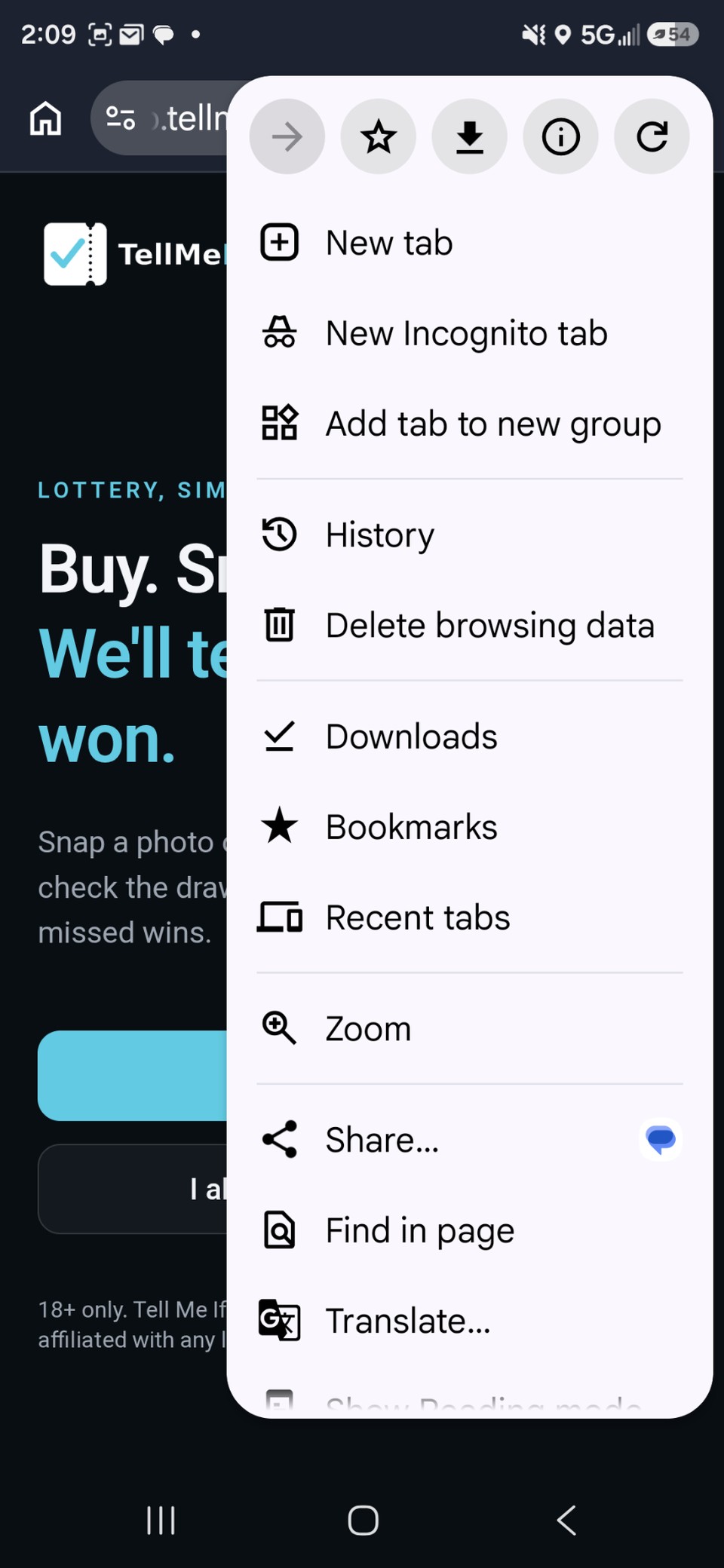 Chrome menu open on Android showing the top of the menu list, which scrolls down to Install app