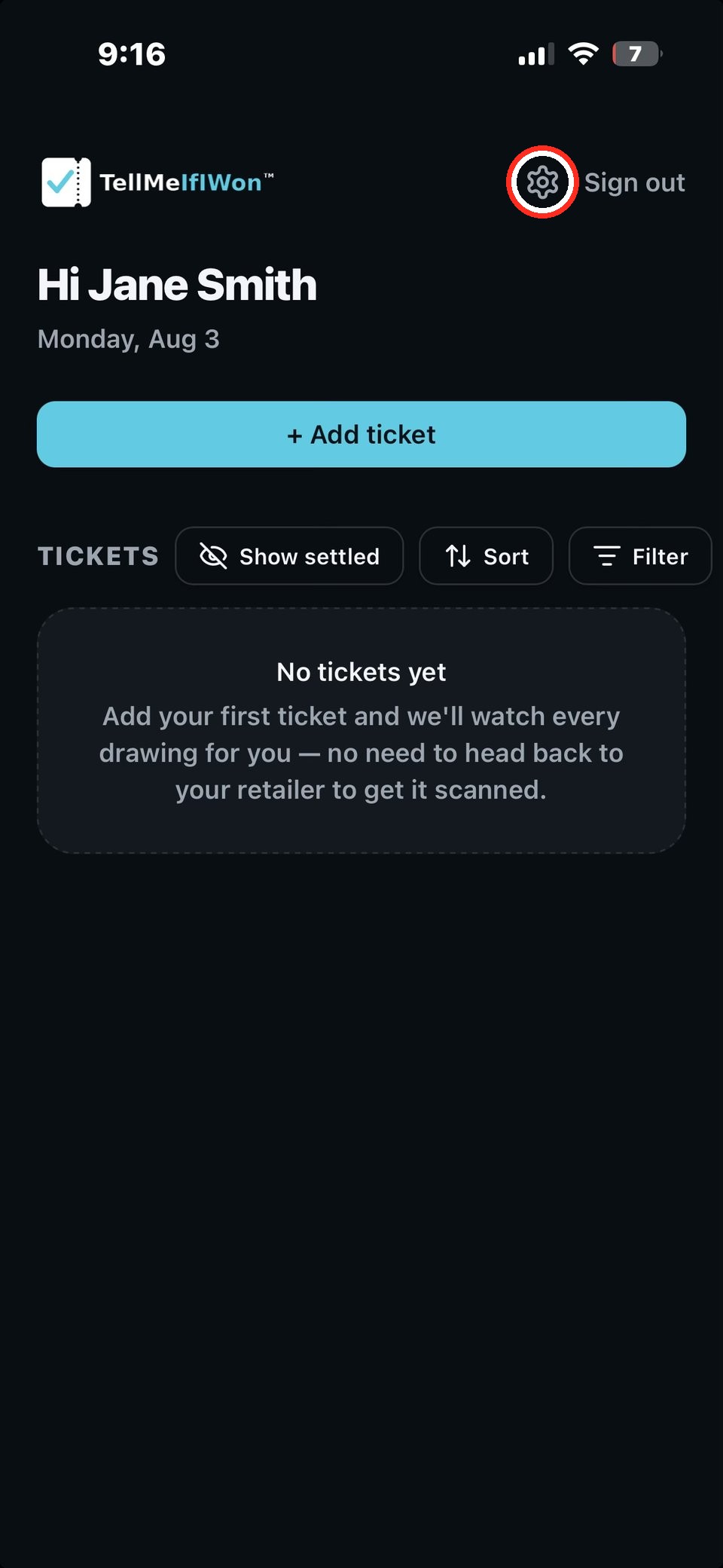 TellMeIfIWon app open from the Home Screen icon with the settings gear icon highlighted
