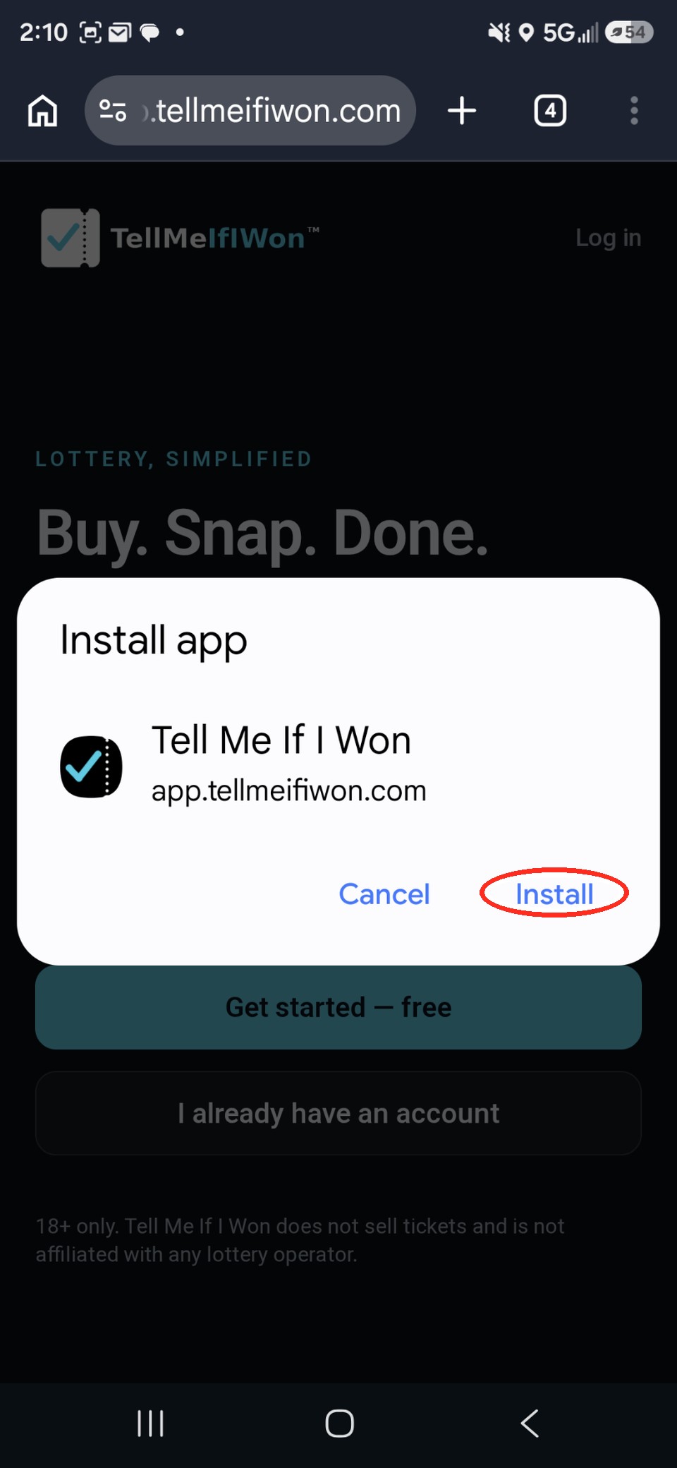 Android install confirmation dialog with the Install button highlighted